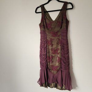 David Rodriguez Olive Green Dress with Purple Ruffles - Size 8